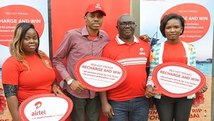 (L-r): Friend to winner of Dubai Trip in Airtel Red Hot Promo 3, Joy Njoku; Web Developer/winner of Dubai trip, Nnamdi Oji; head, Mass Segment, Airtel Nigeria, Oladipo Jolaosho and student of University of Lagos/friend to winner in Red Hot Promo, Cynthia Edokwe during the welcome gathering held for the winners shortly after their arrival to Nigeria from the Dubai trip on Wednesday in Lagos.